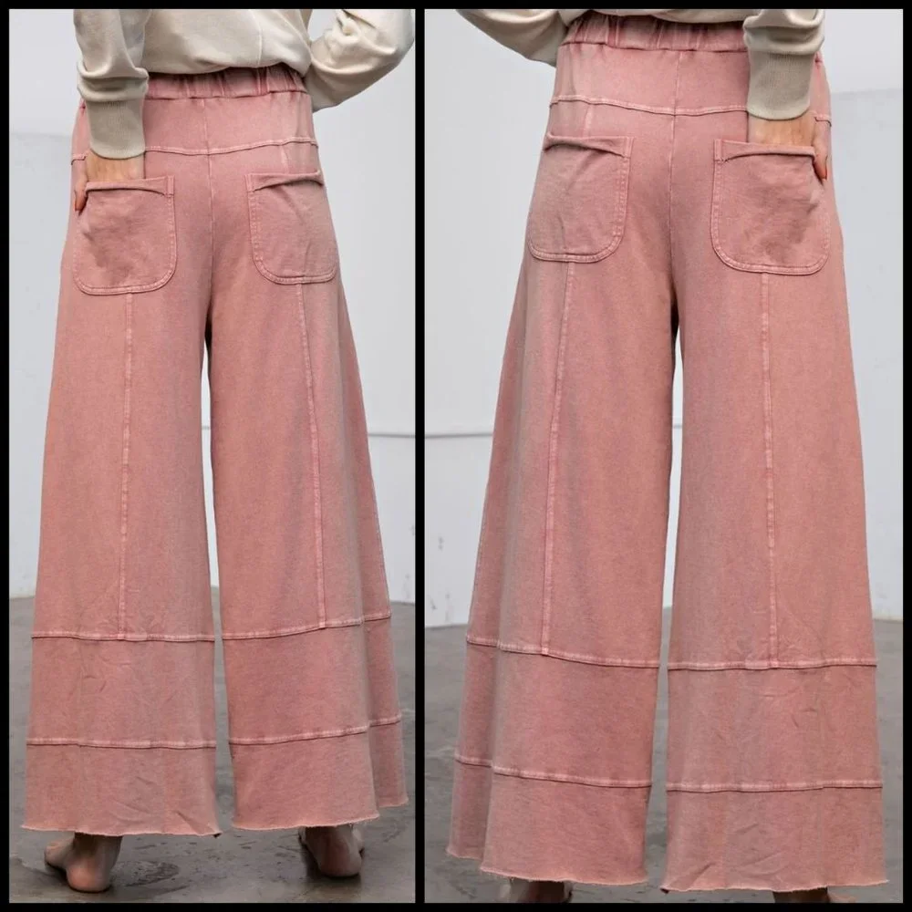 EASEL "Perfect Cargo" Terry Knit Mineral Washed Flared Leg Pants Raw Hem & Seams - Picture 5 of 14